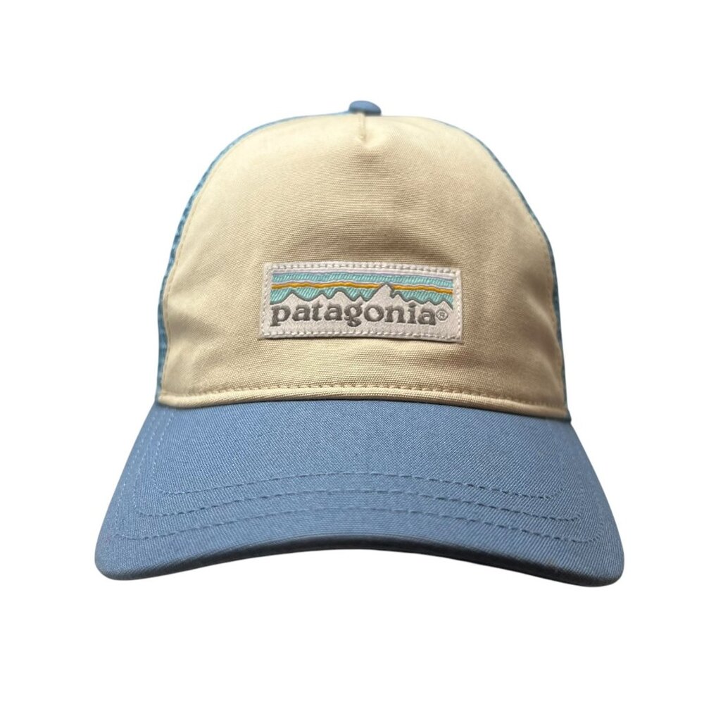 Patagonia Trucker Hat Mesh Back Snapback Patch Logo Blue Tan Outdoor Cap Fishing